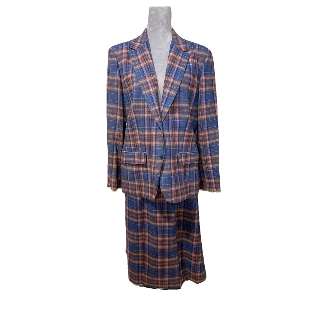 Vintage 70s 80s Pendleton Wool Plaid Suit Size 16 Blue Pink Blazer Skirt Set